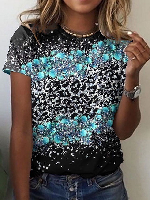  Women's Floral Leopard Casual Holiday Weekend Floral Butterfly Painting Short Sleeve T shirt Tee Round Neck Print Basic Essential Tops Green Blue Purple S / 3D Print