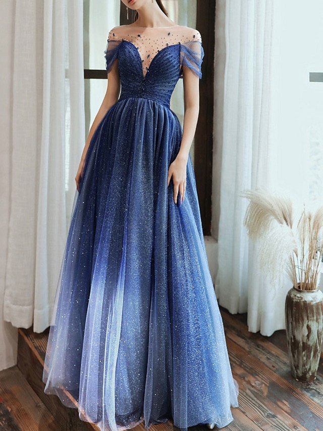  Sheath / Column Color Block Minimalist Sparkle Wedding Guest Formal Evening Dress Jewel Neck Short Sleeve Floor Length Tulle with Pleats Sequin 2022