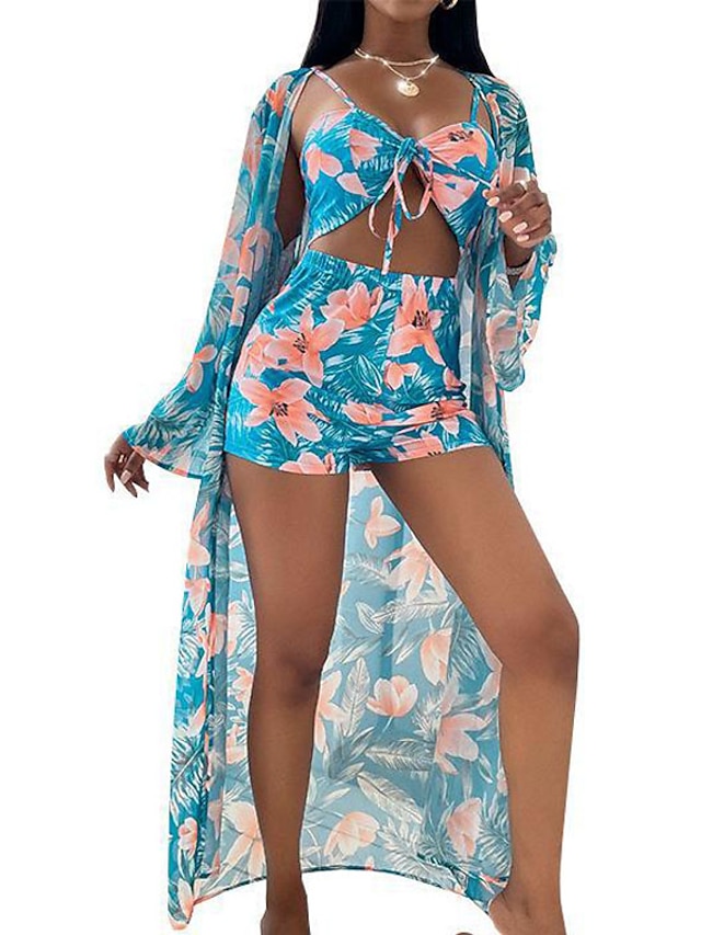 Womens Clothing Womens Swimwear | Womens Swimwear Bikini Three Piece Normal Swimsuit UV Protection Lace up Printing Hole Floral 