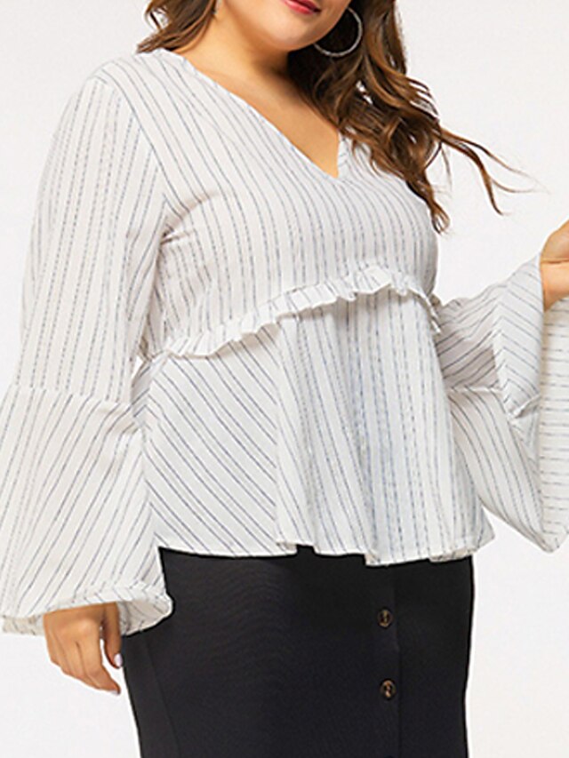 Womens Clothing Plus Size Collection | Womens Plus Size Tops Shirt Striped Ruffle Print Long Sleeve V Neck Streetwear Daily Goin