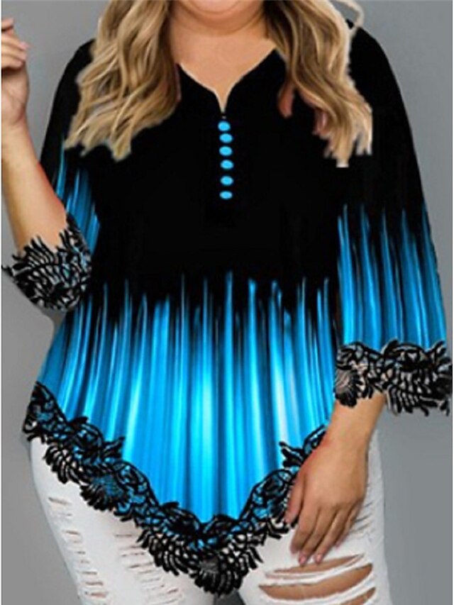 Womens Clothing Plus Size Collection | Womens Plus Size Tops Blouse Shirt Color Gradient Print 3/4 Length Sleeve V Neck Streetwe