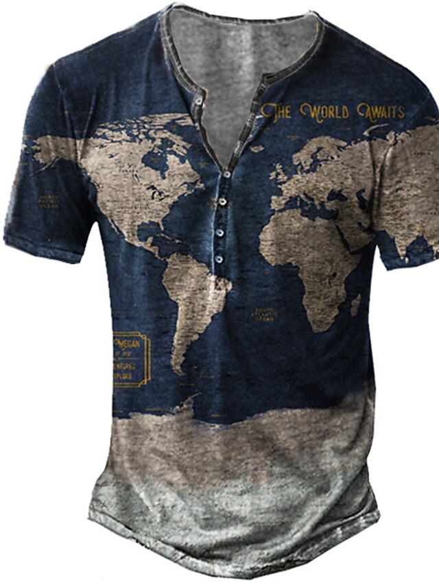 Men's Unisex T shirt Tee Henley Shirt Map Graphic Prints Henley Blue ...