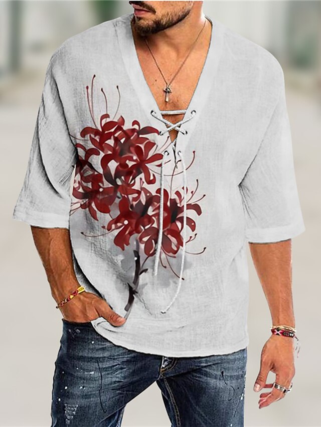 Mens Clothing Mens Shirts | Mens Shirt 3D Print Floral V Neck Casual Daily 3D Print Drawstring 3/4 Length Sleeve Tops Casual Fas