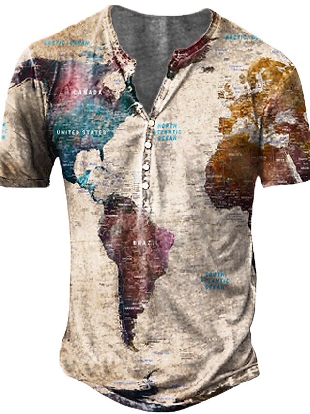 Men's Unisex T shirt Tee Henley Shirt Map Graphic Prints Henley Blue ...