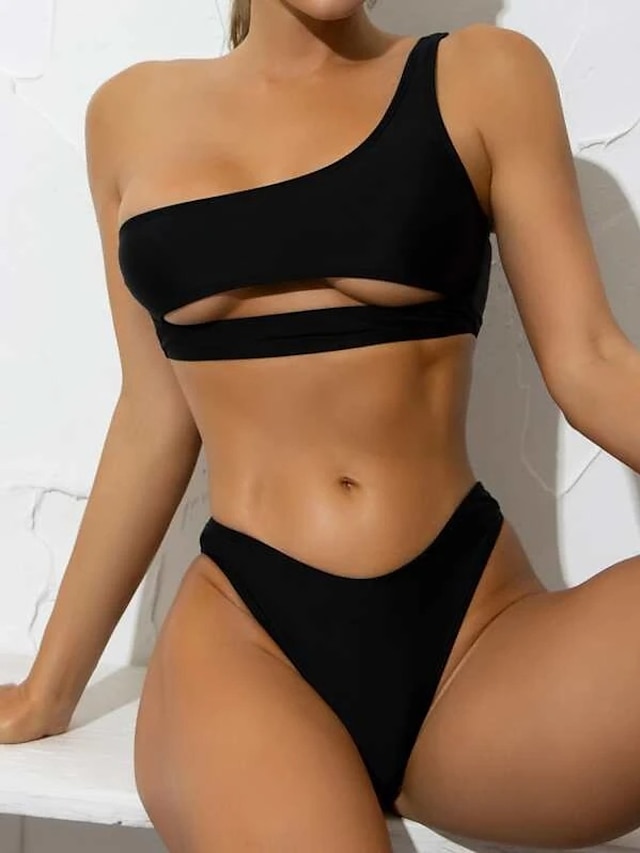 Womens Clothing Womens Swimwear | Womens Swimwear Bikini 2 Piece Normal Swimsuit 2 Piece Open Back Hole Pure Color Black Royal B