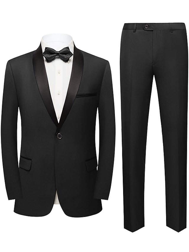  Esmoquin negro burdeos para fiesta de noche para hombre, 2 piezas, color sólido, cuello chal, ajuste estándar, un solo botón, 2024