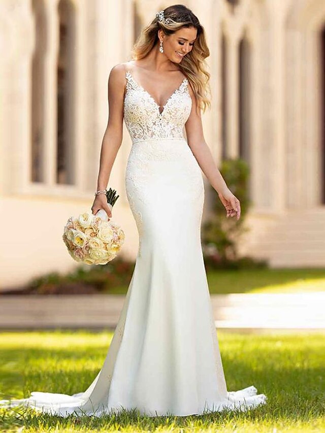 Engagement Open Back Sexy Formal Wedding Dresses Mermaid / Trumpet V ...