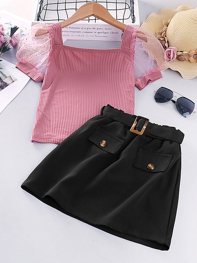 Baby & Kids Girls Clothing | Kids Girls T-shirt & Skirt 2 Pieces Short Sleeve Long Sleeve Pink Solid Color Loose Vacation Outdoo