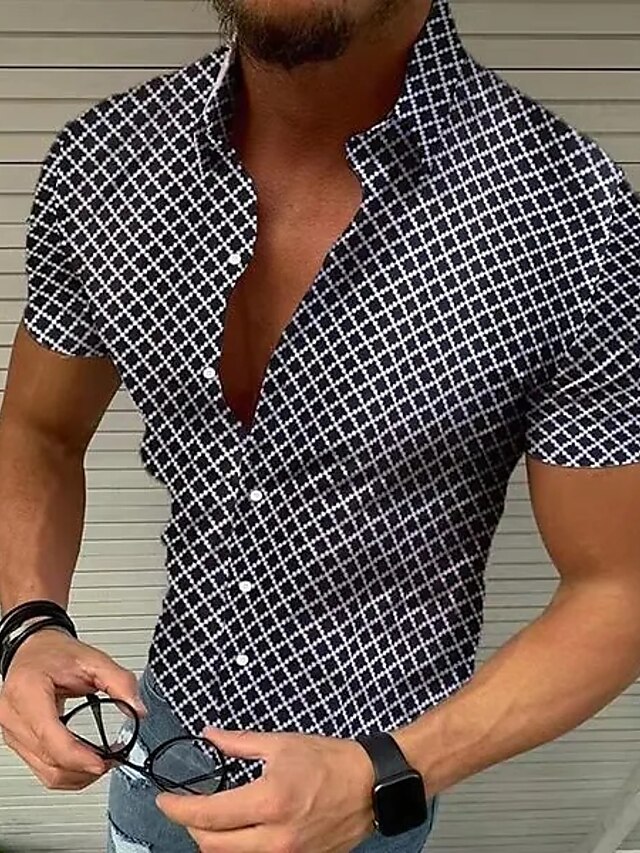 Men's Shirt Print Lattice Turndown Casual Print Short Sleeve Tops Beach White Black Red / Summer