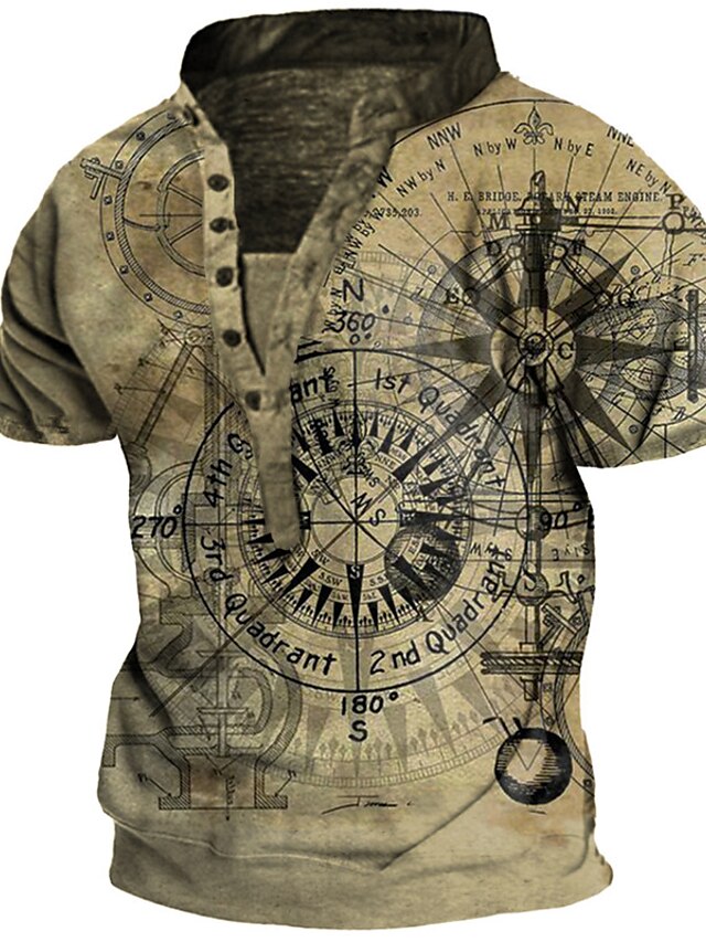  Men's Henley Shirt Tee T shirt Tee Graphic Patterned Machine 3D Print Henley Casual Daily Short Sleeve Button-Down Print Tops Fashion Vintage Retro Big and Tall Blue Gray Light Green / Summer