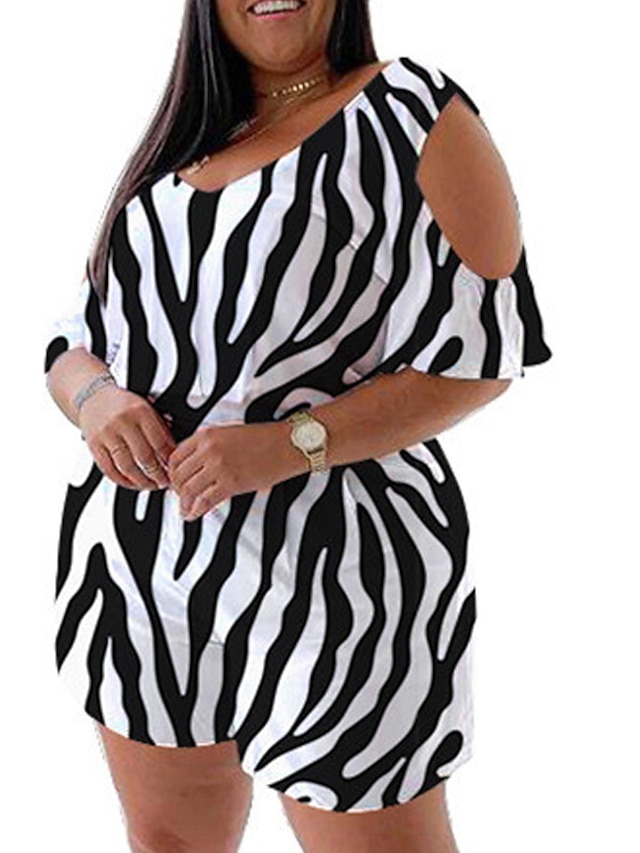 Womens Clothing Plus Size Collection | Womens Plus Size Romper Print Striped Casual Casual Daily Natural Short Spring Summer Gre