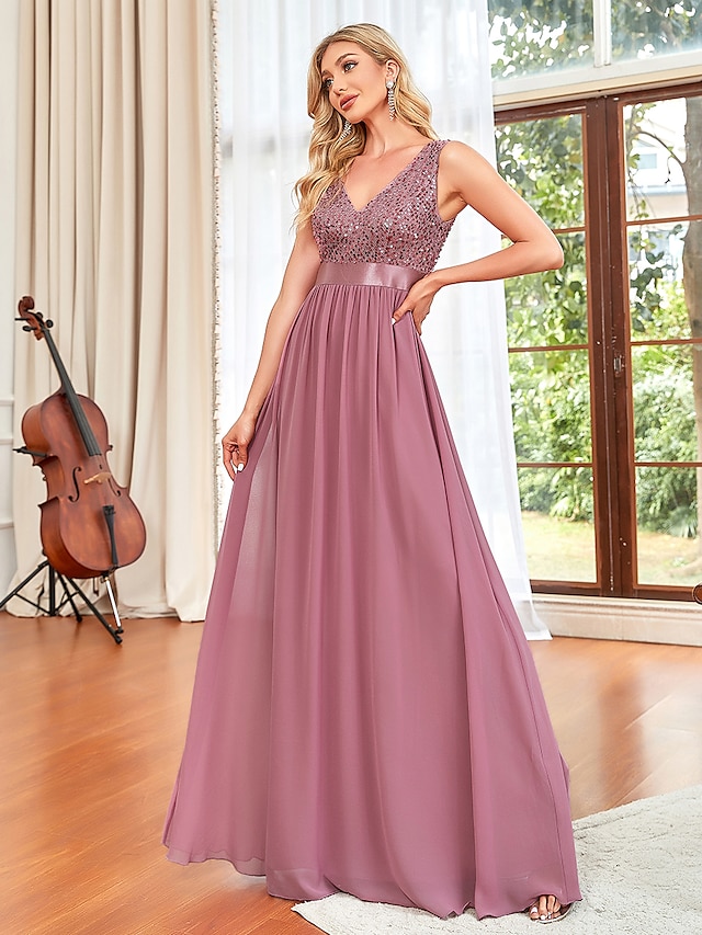  A-Line Prom Dresses Elegant Dress Wedding Guest Floor Length Sleeveless V Neck Chiffon V Back with Draping Pure Color 2023