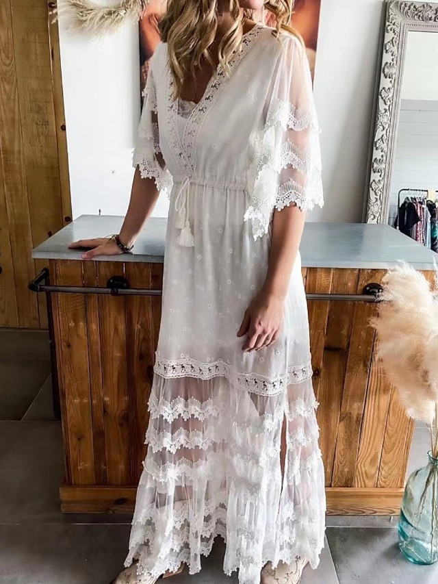 Womens Clothing Womens Dresses | Womens A Line Dress Maxi long Dress White Half Sleeve Pure Color Lace Patchwork Spring Summer V