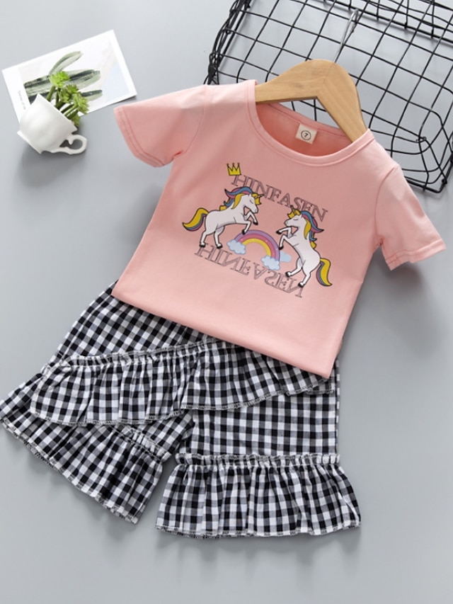 Baby & Kids Girls Clothing | Kids Girls T-shirt & Shorts Clothing Set 2 Pieces Short Sleeve White Pink Plaid Unicorn Letter Ruch