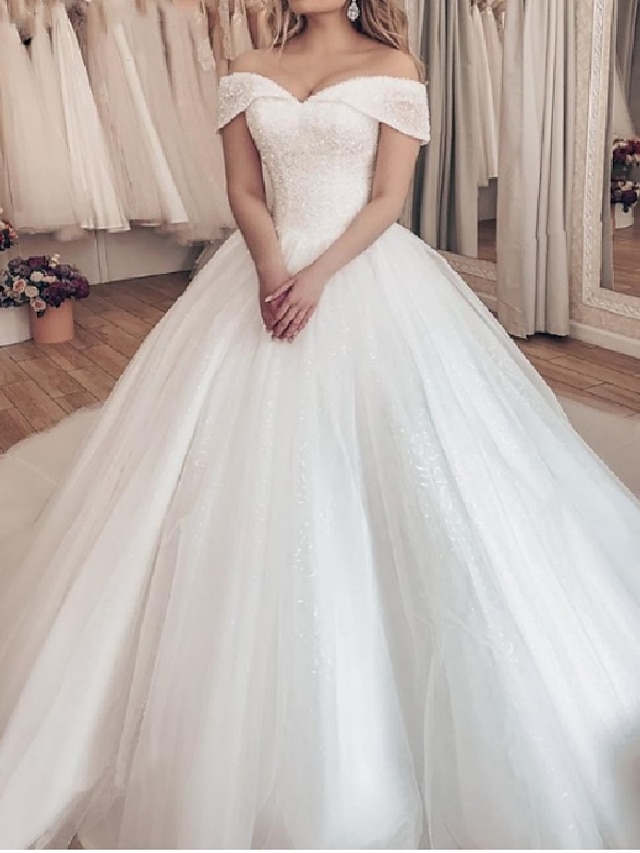  Engagement Formal Wedding Dresses Ball Gown Off Shoulder Cap Sleeve Chapel Train Tulle Bridal Gowns With Pleats Sequin 2024