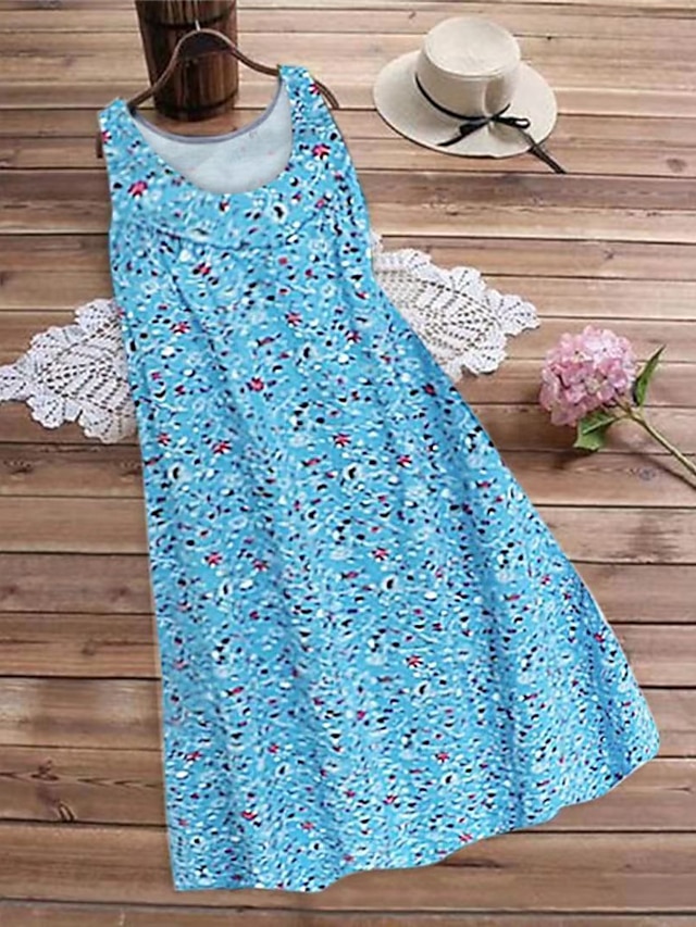 Womens Clothing Plus Size Collection | Womens Plus Size A Line Dress Floral Round Neck Print Sleeveless Spring Summer Casual Sho