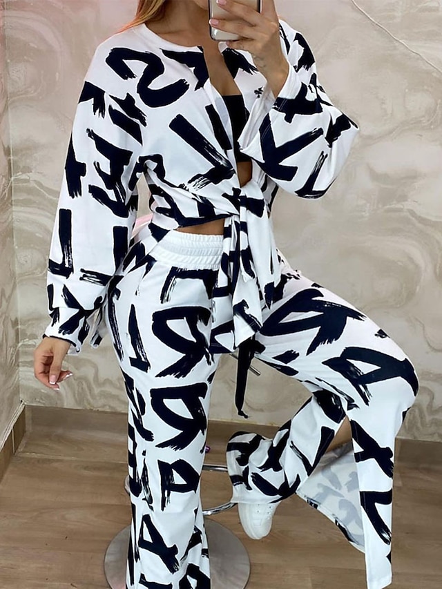 Womens Clothing Womens Tops | Womens Streetwear Painting Casual Daily Wear Two Piece Set Blouse Pants Sets Pant Wide leg pants B