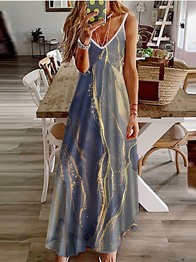 Womens Clothing Womens Dresses | Womens A Line Dress Maxi long Dress Blue Sleeveless Color Gradient Print Spring Summer Spaghett