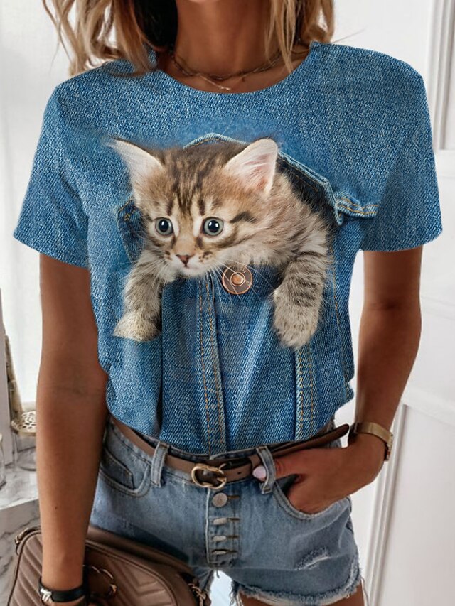 Women's 3D Cat Design T shirt Cat Graphic 3D Print Round Neck Basic Tops Blue