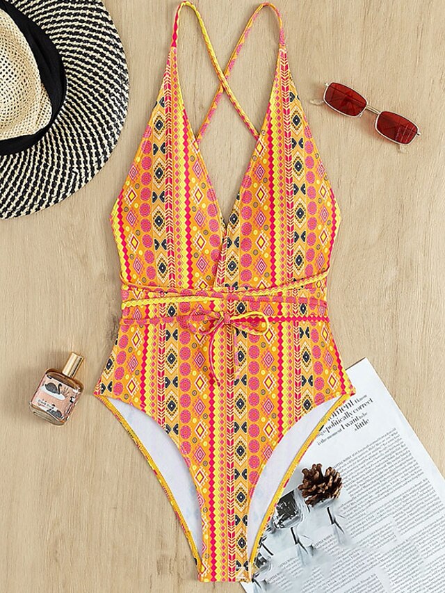 Womens Clothing Womens Swimwear | Womens Swimwear One Piece Monokini Bathing Suits Normal Swimsuit Tummy Control Open Back Print