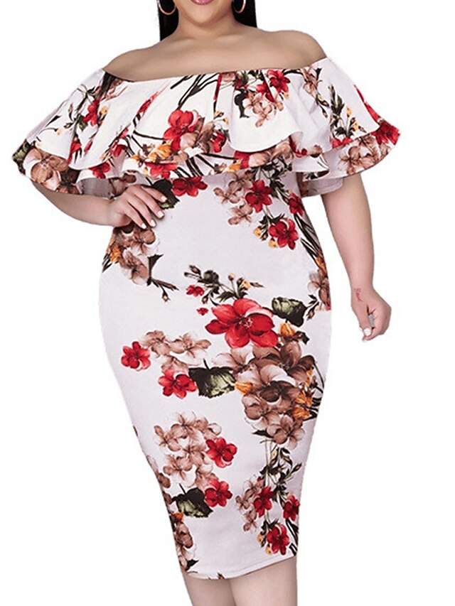 Women's Plus Size Holiday Dress Floral Off Shoulder Print Short Sleeve