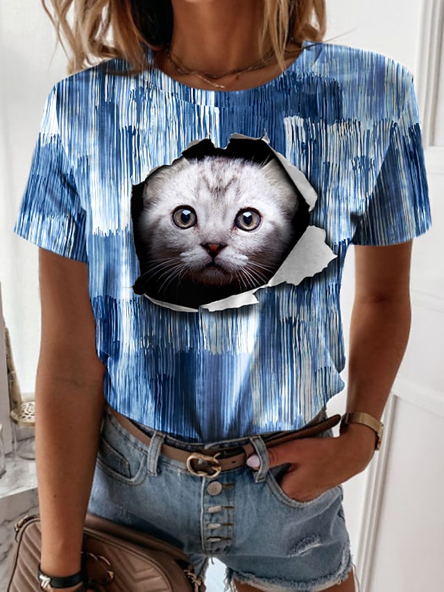  Women's 3D Cat T shirt Tee Cat Graphic 3D Print Round Neck Basic Tops Green Blue Purple / Design
