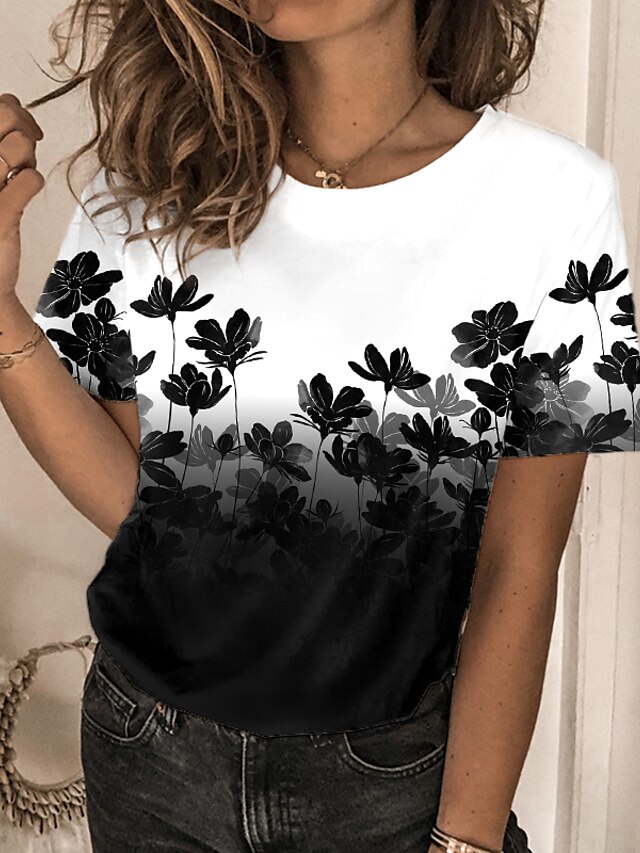  Women's Floral T shirt Tee Floral Graphic Design Print Round Neck Basic Tops Green Black Purple / 3D Print
