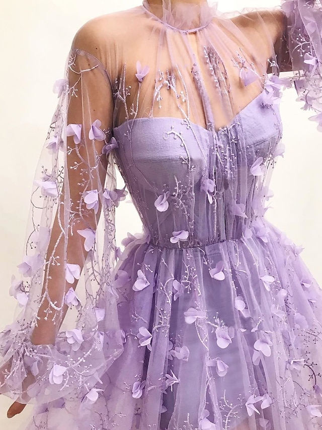  A-Line Prom Dresses Floral Dress Wedding Guest Prom Floor Length Long Sleeve V Neck Tulle with Appliques 2024