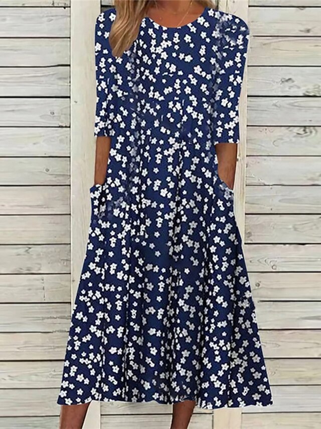 Womens Clothing Womens Dresses | Womens A Line Dress Midi Dress Navy Blue Half Sleeve Floral Pocket Print Spring Summer V Neck V