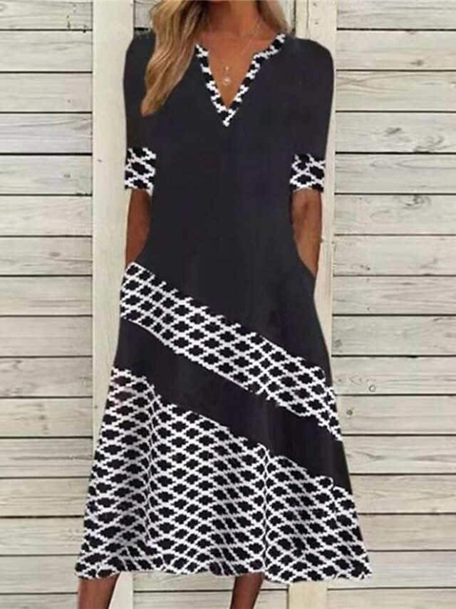 Womens Clothing Womens Dresses | Womens A Line Dress Midi Dress Black Half Sleeve Geometric Pocket Print Spring Summer V Neck Wo