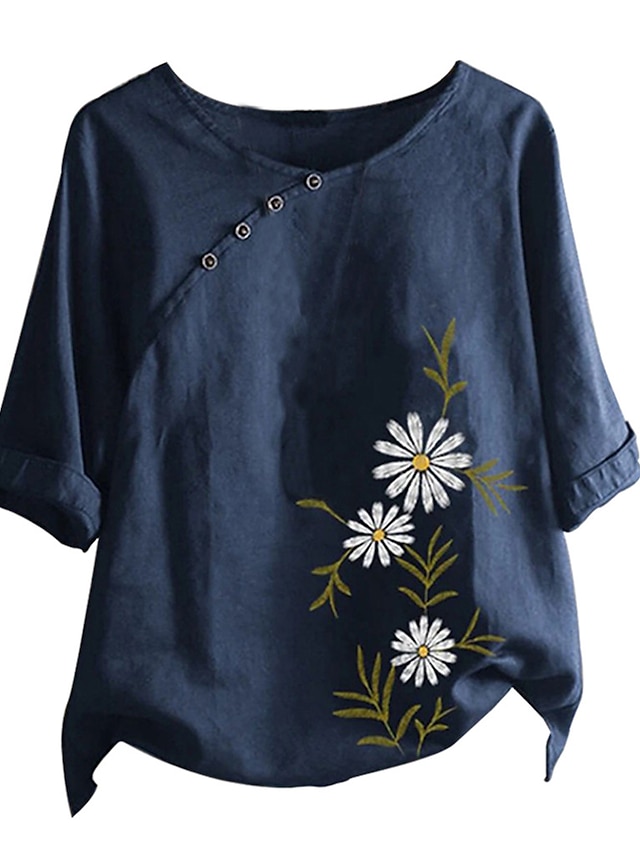 Women's Shirt Blouse Cotton Floral Daily Date Vacation Button Wine ...