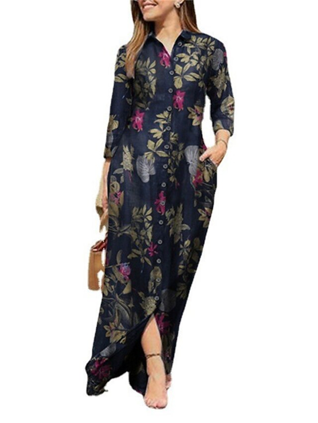 Women's Linen Dress Shirt Dress Casual Dress Maxi long Dress Winter