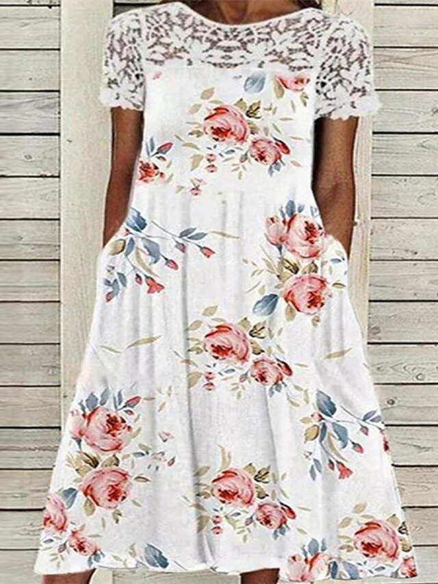 Womens Clothing Womens Dresses | Womens A Line Dress Midi Dress White Short Sleeve Floral Pocket Patchwork Print Spring Summer C