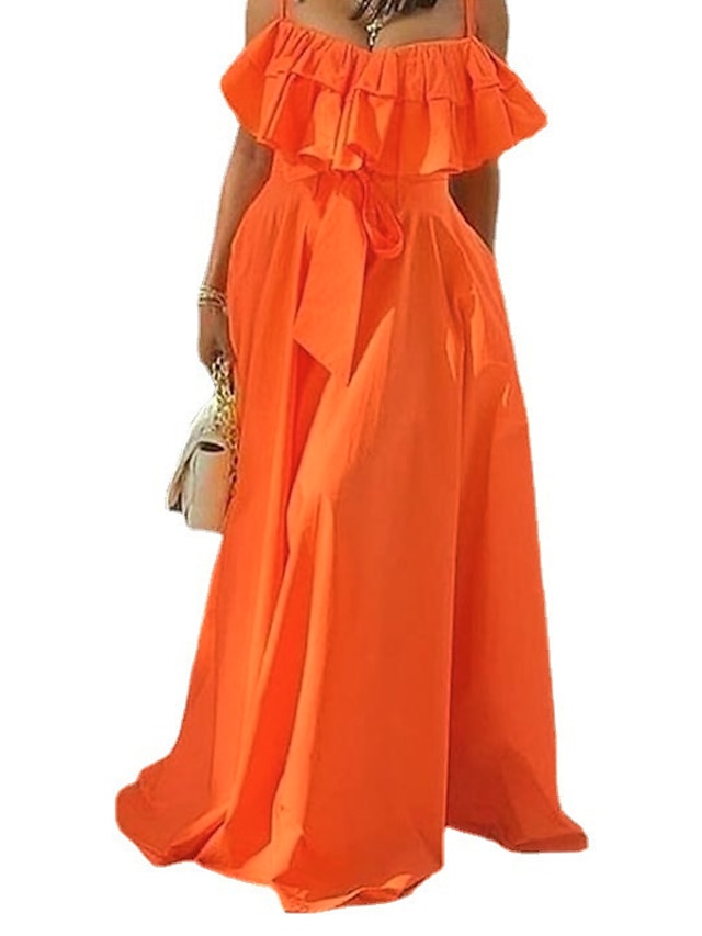 Womens Clothing Womens Dresses | Womens A Line Dress Maxi long Dress Orange Sleeveless Pure Color Backless Ruffle Spring Summer 