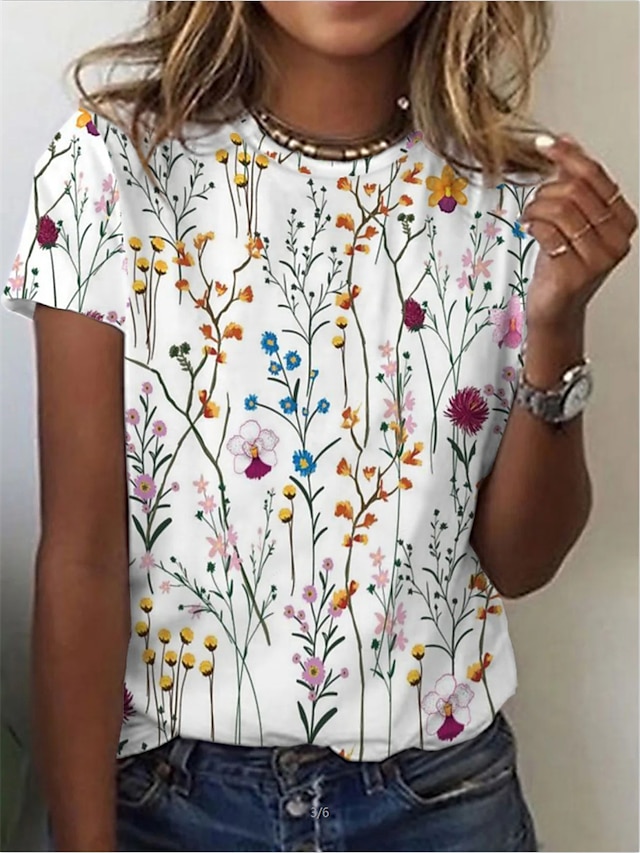  Mulheres Camiseta Floral Patchwork Imprimir Casual Diário Feriado Básico Manga Curta Decote Redondo Branco