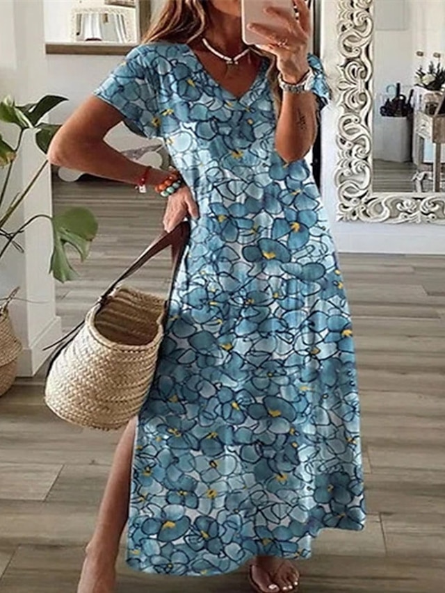 Womens Clothing Womens Dresses | Womens Shift Dress Maxi long Dress Blue Short Sleeve Floral Split Print Spring Summer V Neck El