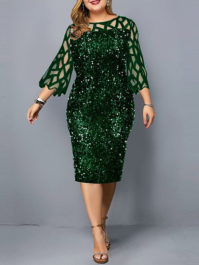 Womens Clothing Plus Size Collection | Womens Plus Size Sheath Dress Solid Color Round Neck Sequins 3/4 Length Sleeve Fall Winte