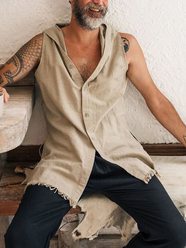  Men's Casual Shirt Solid Color V Neck Street Casual Button-Down Sleeveless Tops Casual Fashion Breathable Comfortable Black Beige