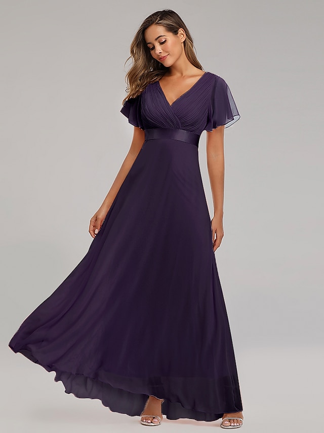 A-Line Prom Dresses Maxi Dress Graduation Floor Length Short Sleeve V ...