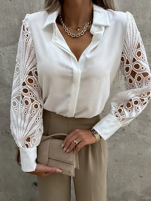 Women's Shirt Blouse White Eyelet Tops Black White Plain Lace Button Long Sleeve Daily Weekend Streetwear Casual Shirt Collar Regular S 13