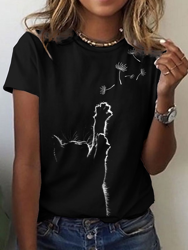  Women's T shirt Tee Black Print Cat Dandelion Casual Weekend Short Sleeve Round Neck Basic Regular 3D Cat Painting S