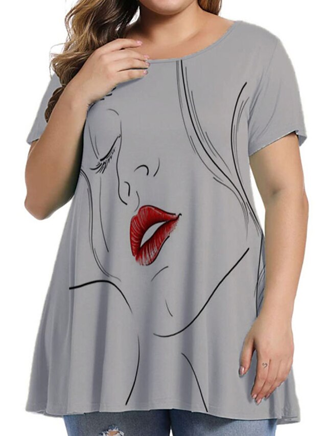 Womens Clothing Plus Size Collection | Womens Plus Size Tops Blouse Mouth Print Short Sleeve Crewneck Streetwear Festival Daily 