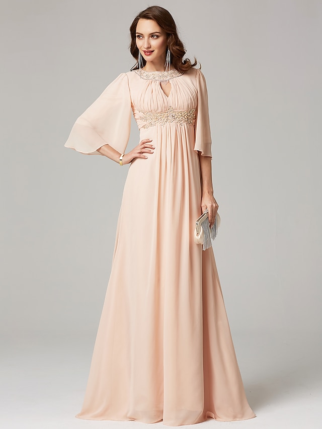  A-Line Mother of the Bride Dress Luxurious Elegant Jewel Neck Sweep / Brush Train Chiffon Half Sleeve with Pleats Beading 2022