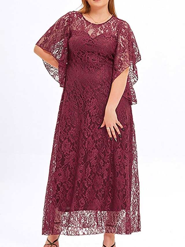 Womens Clothing Plus Size Collection | Womens Plus Size A Line Dress Floral Round Neck Lace Short Sleeve Spring Summer Prom Dres