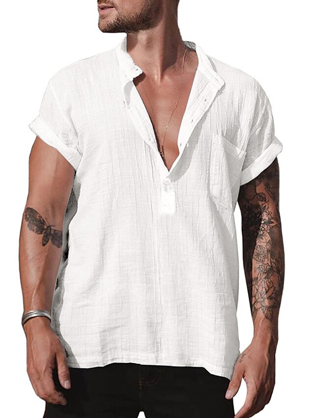 Mens Clothing Mens Shirts | Mens Casual Shirt Solid Colored Henley Street Casual Button-Down Short Sleeve Tops Casual Fashion Br