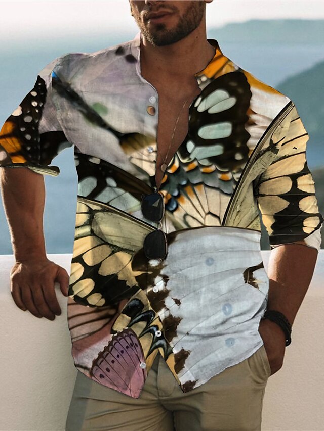  Men's Summer Hawaiian Shirt Shirt 3D Print Butterfly Animal Stand Collar Casual Daily Button-Down Print Long Sleeve Tops Designer Casual Fashion Comfortable Yellow