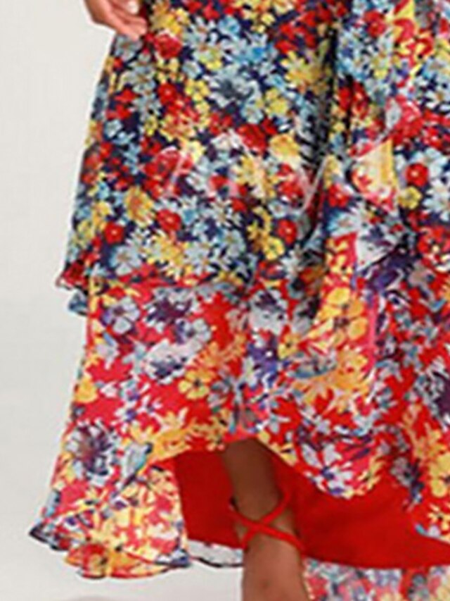 Womens Clothing Womens Dresses | Womens Swing Dress Maxi long Dress Red Short Sleeve Floral Print Spring Summer V Neck Elegant V