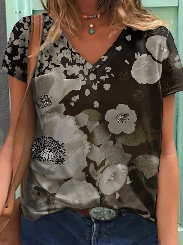 Womens Clothing Womens Tops | Womens Casual Holiday Weekend Floral Painting T shirt Tee Floral Short Sleeve Print V Neck Basic T