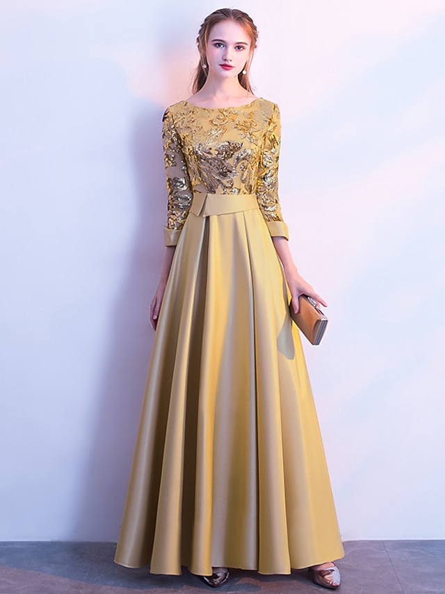  A-Line Bridesmaid Dress Jewel Neck Long Sleeve Beautiful Back Floor Length Satin / Tulle / Sequined with Sash / Ribbon / Pleats 2023