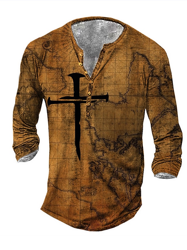 Hombre Camiseta Henley Shirt Tee Graphic Cruz Henley Marrón Impresión 3d Talla Grande Exterior 9782